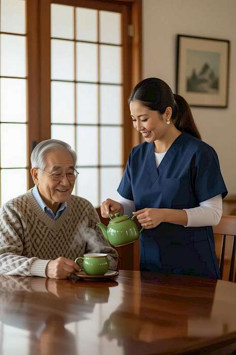 Hispanic aide helping elderly Asian man with tea